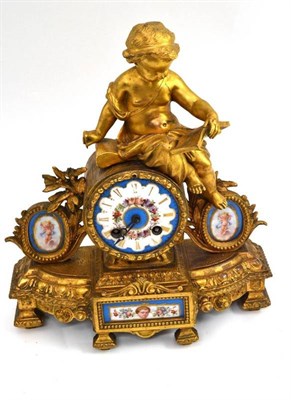 Lot 212 - A late 29th century ormolu mantel clock with Sevres style porcelain mounts, height 32cm