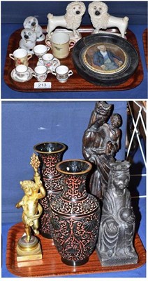 Lot 213 - Two trays including Pratt pot lid, poodle figures, miniature cabinet pieces, ormolu figure and...