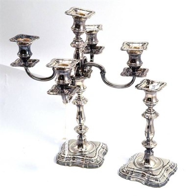 Lot 233 - A pair of silver candlesticks, Sheffield 1975 and 1974, and a plated candelabrum arm