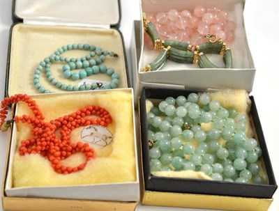 Lot 253 - A coral necklace, a jadeite bracelet, a rose quartz necklace and aventurine quartz necklaces