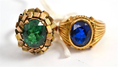 Lot 289 - A green stone set ring stamped 14k and a blue stone set ring stamped 14k (2)