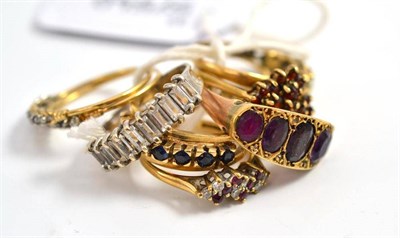 Lot 293 - A 9ct gold amethyst set ring, a 9ct gold opal and sapphire ring, a 9ct gold garnet ring and...