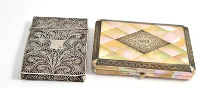 Lot 298 - Silver and mother-of-pearl card case and a white metal filigree card case