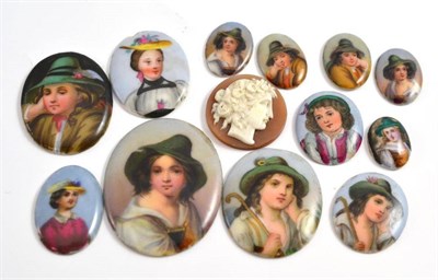 Lot 299 - Twelve assorted Continental painted porcelain oval plaques, each decorated with a portrait,...