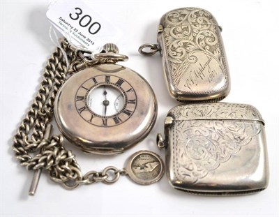 Lot 300 - A silver half hunter pocket watch signed J W Benson, silver watch chain and two silver vesta cases