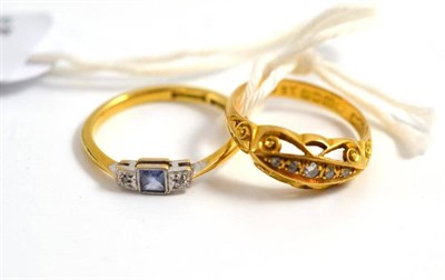 Lot 311 - An 18ct gold diamond five stone ring and a sapphire and diamond three stone ring, stamped...