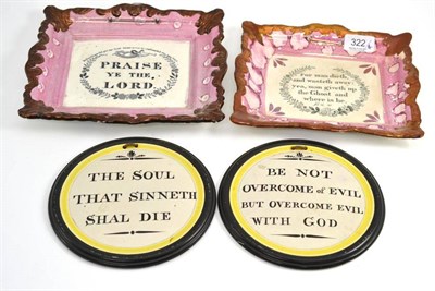 Lot 322 - Two circular religious plaques with yellow and black painted borders 'The Soul that Sinneth...