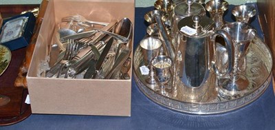 Lot 326 - Silver plated tray, six modern silver gilt wines, two silver goblets with bright cut decoration and