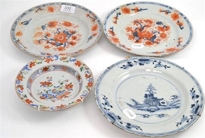 Lot 332 - 18th century Chinese blue and white export plate, a pair of Imari decorated plates and a polychrome