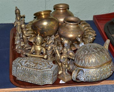 Lot 339 - Quantity of Eastern brassware to include scalloped shaped dish, tea pot, three engraved vases,...