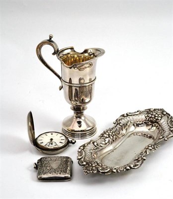 Lot 346 - A small silver jug, London 1972, a silver vesta case, pocket watch and pin dish (4)