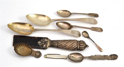 Lot 351 - A silver caddy spoon, two tablespoons, fruit knife etc (quantity)