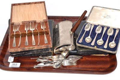 Lot 353 - Two cases of mother of pearl knives, six silver teaspoons with stylised handles, six plated dessert