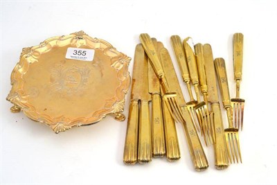 Lot 355 - Gilt waiter with swan armorial and a set of six silver gilt fruit knives and forks