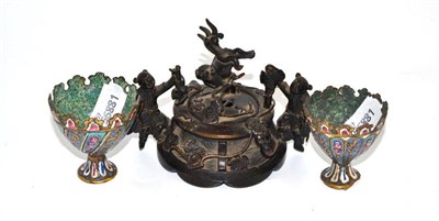 Lot 367 - A small Chinese bronze censer and cover, and two Middle Eastern beakers