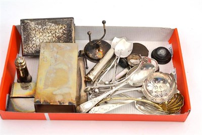 Lot 378 - A collection of silver, including a pounce pot, two menu holders, wish bone sugar nips, two...