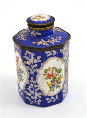 Lot 382 - A Staffordshire enamel tea caddy of octagonal section, decorated with floral mirrored shaped panels