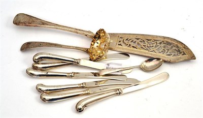 Lot 385 - Set of six silver knives with pistol hand grips; silver teaspoon, 1937' George III sifter spoon and