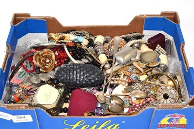 Lot 394 - A quantity of costume jewellery including beads, earrings, brooches, and souvenir spoons, a...