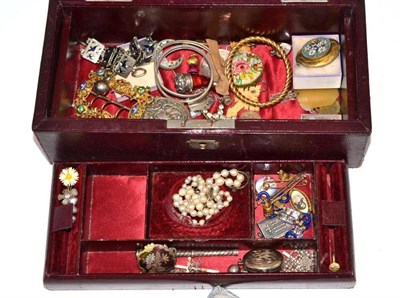 Lot 396 - A jewellery box containing assorted enamelled jewellery, a buckle, micro mosaic pieces, a ring...