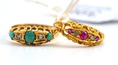 Lot 398 - An 18ct gold turquoise and diamond five stone ring and an 18ct gold ruby and diamond five stone...