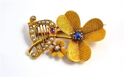 Lot 407 - 18ct gold shamrock - seed pearl, diamond, ruby and sapphire brooch