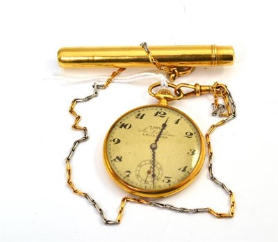 Lot 424 - Open faced keyless pocket watch, signed Marvin, case stamped 18c 0.750, two colour chain with clasp