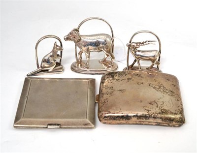 Lot 426 - Two silver cigarette cases and three white metal menu holders in from of animals