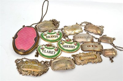 Lot 427 - Ten silver plated decanter labels, three Crown Staffordshire decanter labels, silver and enamel...