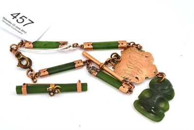 Lot 457 - A jade type and seed pearl bar brooch and an Albert similar (2)