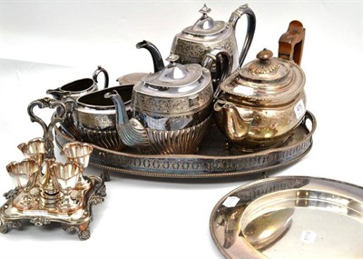 Lot 475 - A silver capstan inkwell, Birmingham 1922, height 9cm, EPBM four piece tea service,...