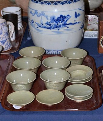 Lot 503 - Japanese blue and white cache pot, height 25cm and a tray of modern Chinese green celadon bowls and