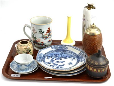 Lot 508 - Wedgwood black Jasper bowl and cover, nut shell, three Chinese export plates, export mug etc