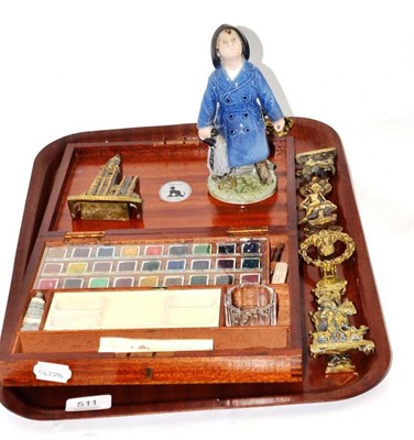 Lot 511 - Reeve, paint box, Copenhagen china figure of a young boy and assorted brass door knockers