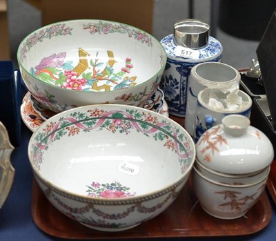 Lot 517 - Chinese blue and white jar with silvered lid, pair of jars and one lid (a.f.), pair of gilt...