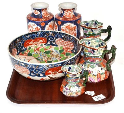 Lot 528 - Pair of Japanese Imari vases, bowl, three Mason's jugs and a 19th century Japanese charger