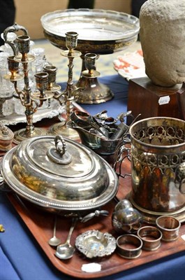 Lot 531 - Two trays of mainly silver plate including entree dish, pair of candlesticks, cruet stand,...