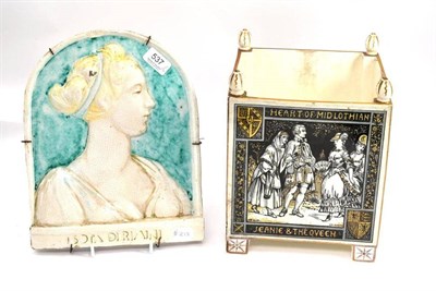 Lot 537 - A Della Robbia plaque titled 'Isota Dirimini' and a Minton planter (restored) (2)