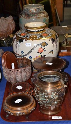 Lot 538 - Two Japanese Satsuma vases, five hardwood stands, Indian copper planter, Japanese bronze vase,...