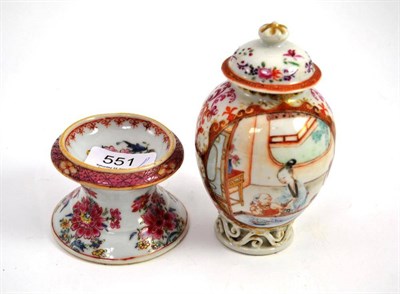 Lot 551 - A Chinese export famille rose salt; and tea caddy and cover (2)