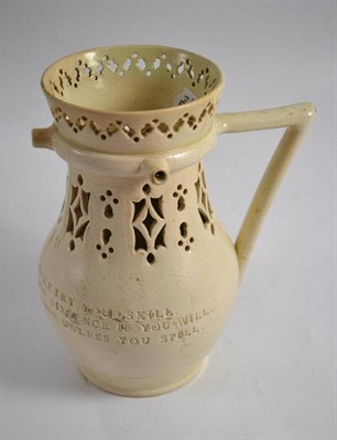 Lot 553 - Leeds pottery puzzle jug with impressed verse (restored)