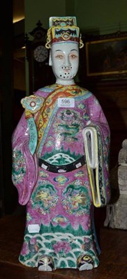 Lot 596 - A large 19th century Chinese famille rose porcelain figure of a Daoist safe, 58.5cm high