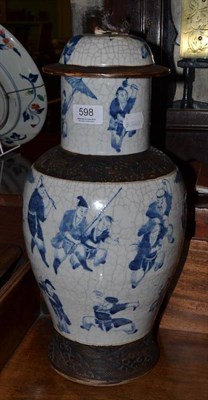 Lot 598 - A 19th century Chinese crackle glaze vase and cover, decorated in an underglaze blue with a...