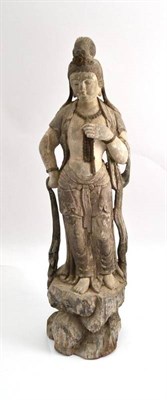 Lot 601 - A Chinese carved wood standing figure of Guanyin, goddess of Mercy, with elaborate chignon,...