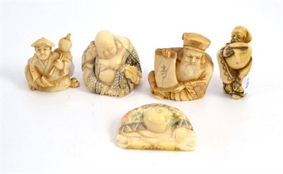 Lot 609 - A Japanese carved elephant ivory netsuke, as a man kneeling with large gourd on his left...