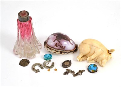 Lot 618 - Ivory pig, scent bottle, costume jewellery and cameo shell