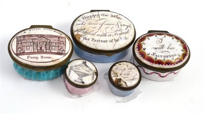 Lot 629 - Three enamel patch boxes and two small pill boxes