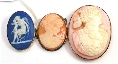 Lot 631 - Two cameo brooches and a Wedgwood brooch