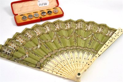 Lot 647 - Lace and sequined fan in original box and cased set of dress studs