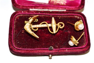 Lot 655 - Late Victorian 15ct gold and pearl anchor brooch in fitted case and pair of gold and pearl knot...